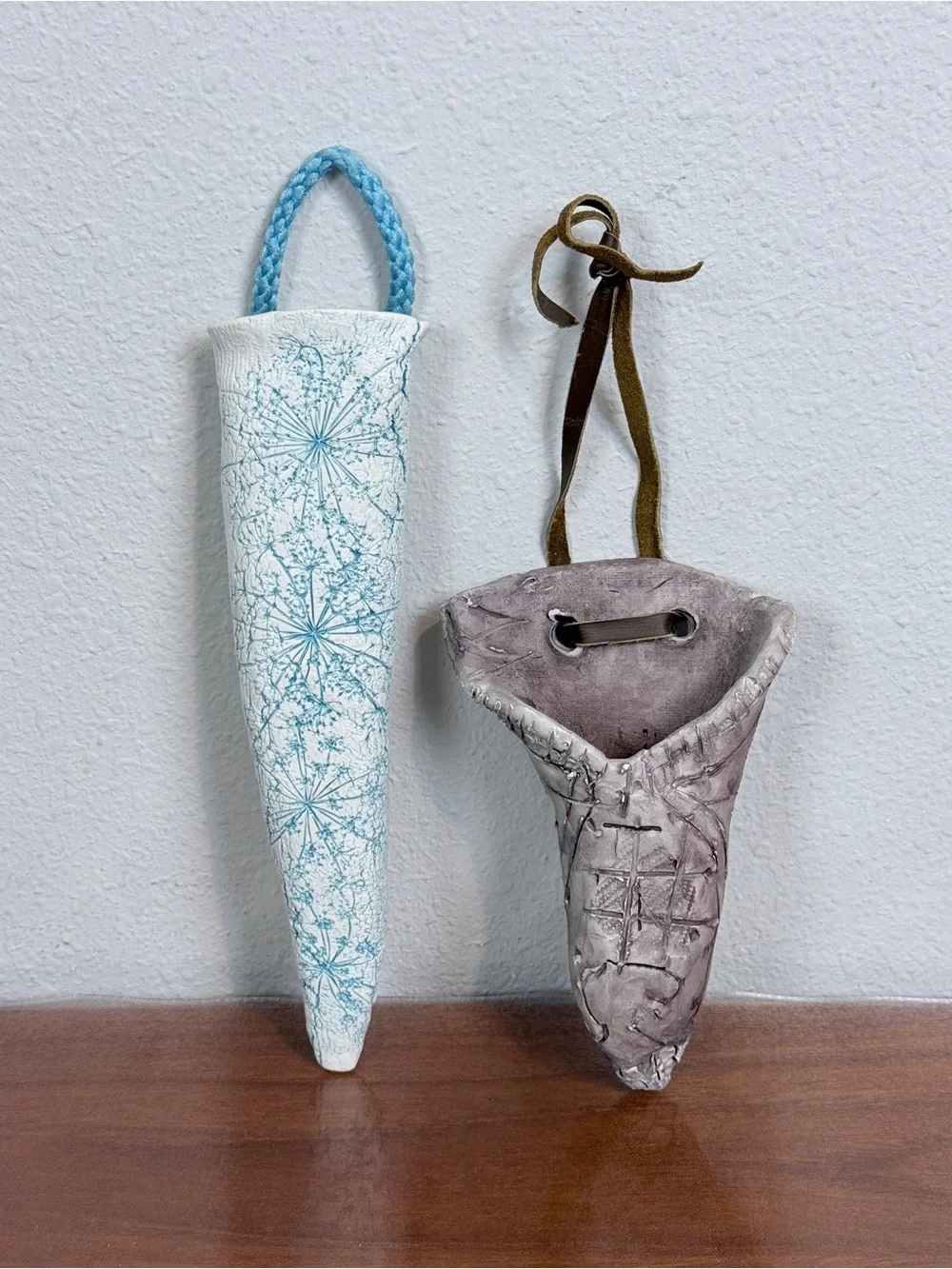 2 Vintage Handmade Pottery Hanging Pocket Vases